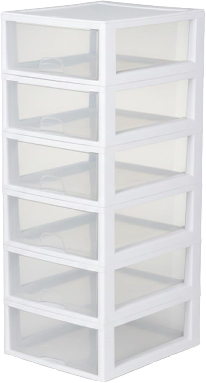 6-Pack 16 Quart Stacking Drawer, Clear Storage Closet Organizer, White Frame