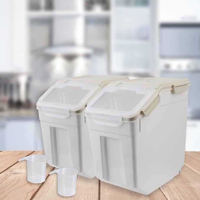 Large Flour Storage Container Bin 25lb, 4Pack Airtight Rice Storage Containers with Wheels Seal Locking Lid, BPA Free with Measuring Cup&Scoop for Flour, Rice, Grain(Gray)