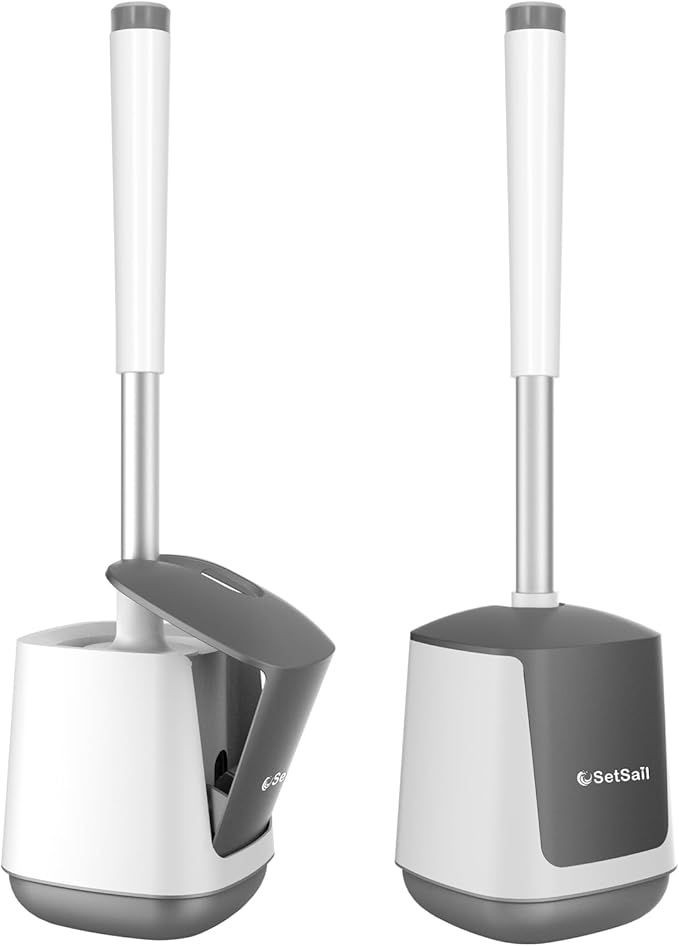 SetSail Toilet Brush and Holder 2 Pack, Self Closing Lid Toilet Bowl Brushes Holder and Extra Long Handle Ventilated Toilet Brush Set for Bathroom Cleaning, Nylon Bristles, White & Grey