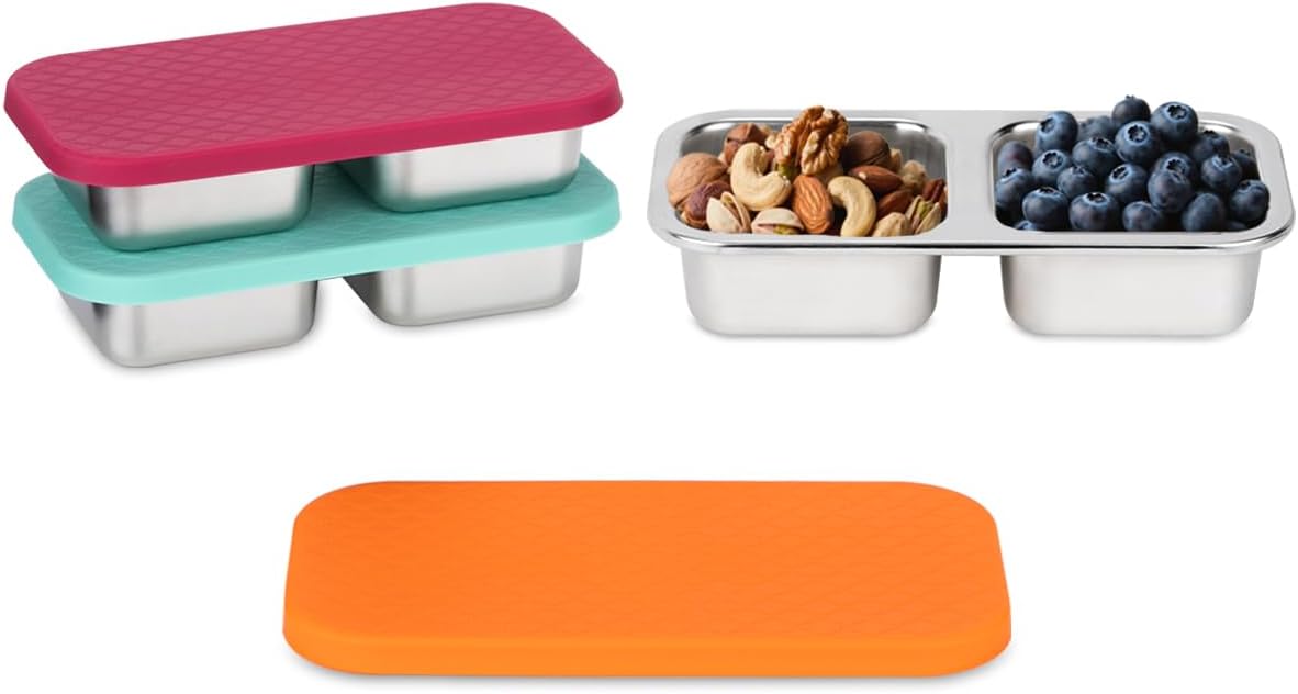 3 Pack Stainless Steel Snack Containers with Lids - 2 Compartment