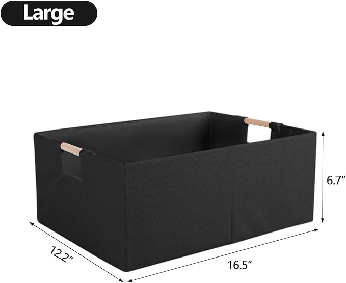 Fabric Storage Bin Box Foldable Cotton Linen Storage Basket with Wooden Handles Rectangular Cube Decorative Home Laundry Organizer Clothes Blanket Container – Black, Small