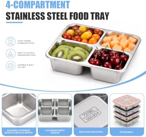 4 Pack Stainless Steel Snack containers, Leak-Proof, 4 Compartments, 3 Cups