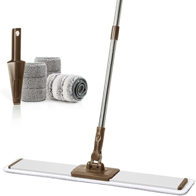 CQT Commercial Flat Microfiber Floor Mop Cleaning System 24" Inch Wet Dry and Dust Hardwood with 4 Washable Pads Cleaner for Laminate Tile Stainless Steel Handle and Extension (PT14 Brown)