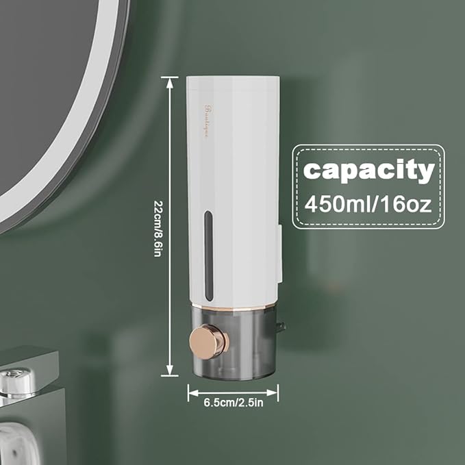 Liquid Soap Dispenser Wall Mount 450ml/15oz, Luxury Shower Hand Soap Dispenser, Self Adhesive Shampoo Dispenser with 3pcs Adhesives for Bathroom, Kitchen, White