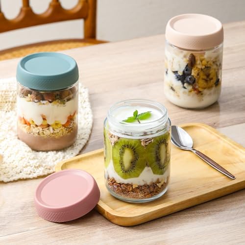 6-pack 16 oz Overnight Oats Containers with Lids, Glass jars with Airtight Lids, Wide mouth Mason Salad jars, Glass Food Storage Containers for Snacks Yogurt Spice Sugar