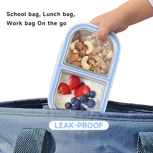 3 Pack Stainless Steel Snack Containers, 2 Compartment Reusable Metal Snack Boxes Containers with Leak-Proof Lids, Compact Lunch Box Food Storage Container