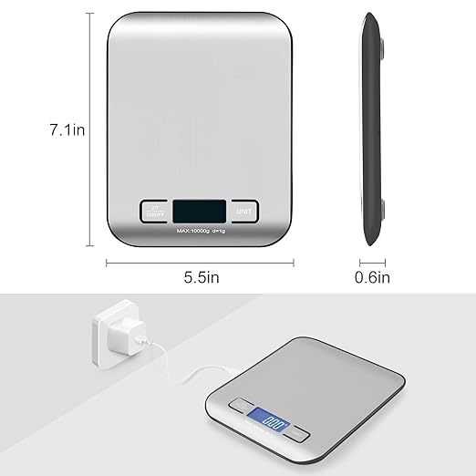 Kitchen Food Digital Scale Portable Postal Scale for Small Business Packages, Handmade Goods, Liquids, LCD Display High-Precision 1g Accuracy (Stainless Steel Black Rechargeable(10kg/1g))