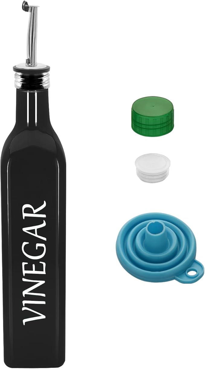 1 Pc 17oz Olive Dispenser Bottle,500ml Glass Oil and Vinegar Dispenser Set with 1 Stainless Steel Pourers,Funnel Bottles for Kitchen (Black Vinegar)