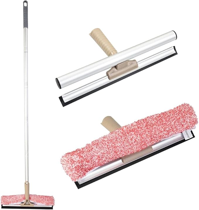 Multi-Purpose 12 inch Window Squeegee with 6.7inch-49.4inch Adjustable Aluminum Pole, Highly Absorbent Microfiber Window Scrubber for Window Cleaning