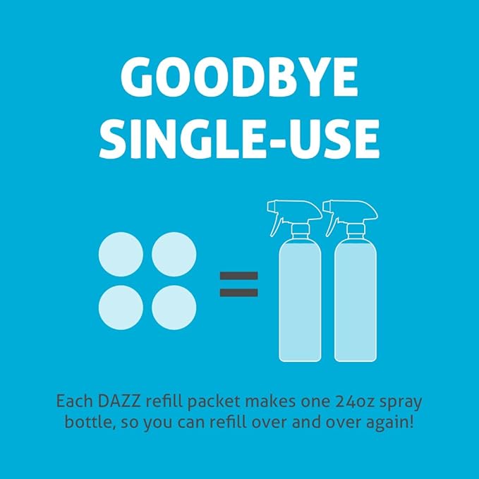 Dazz Window and Glass Cleaner Starter Kit (1 Reusable Spray Bottle, 2 Refills) Natural Cleaning Tablets - Streak Free, Eco Friendly, Non Toxic