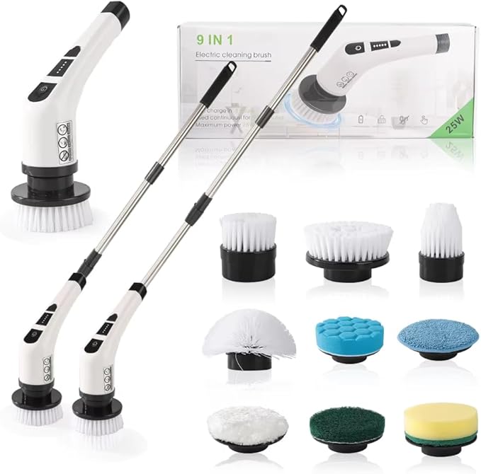 Electric Spin Scrubber, Cordless Cleaning Brush with 9 Replaceable Brush Heads, Tub and Floor Tile 360 Power Scrubber Dual Speed with Adjustable Detachable Handle for Bathroom Kitchen Car (9)
