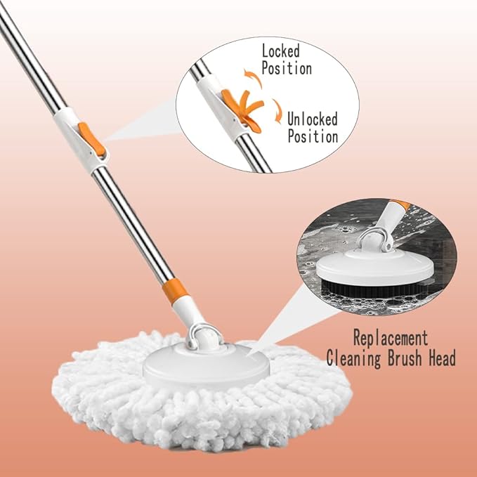 Floor Spin Mop and Bucket Set with Wringer System Extended Stainless Steel Handle 61＂for Home Floor Cleaning Use with 5 Replacement Head Refill and 1 Cleaning Brush Head