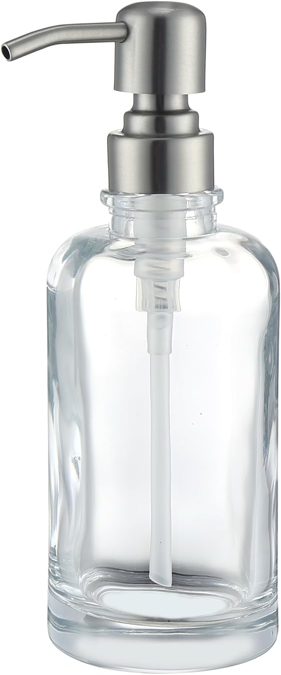 Clear Glass Soap Dispenser with Brushed Nickel Pump, 11 OZ Liquid Soap Dispenser Cylindrical with Stainless Steel Pump for Dish Hand Soap Bathroom Kitchen Vanity Countertop