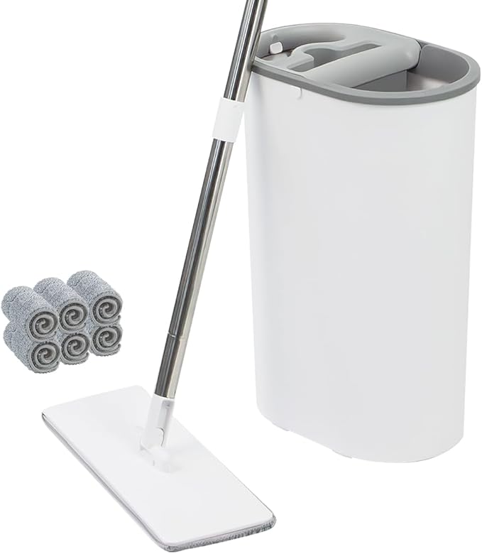 CQT Self-Wringing Mop and Bucket Set for Home Long Handle Flat Mop with 6 Washable Microfiber Pads