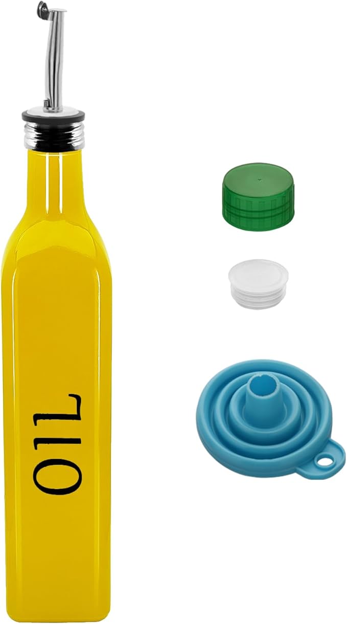 1 Pc 17oz Olive Dispenser Bottle,500ml Glass Oil and Vinegar Dispenser Set with 1 Stainless Steel Pourers,Funnel Bottles for Kitchen (Yellow Oil)