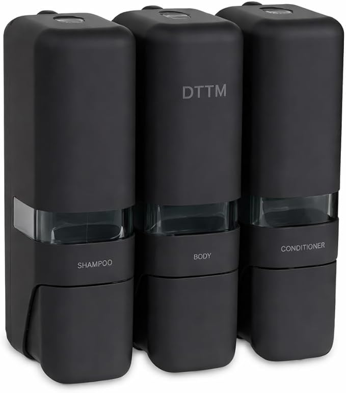 Shower Soap Dispenser 3 Chamber No Drill, Wall Mounted Shampoo Conditioner Body Wash Dispenser, Stick-On Installation, Lockable Matte Black, Refillable 250ml x 3 for Bathroom & Hotel