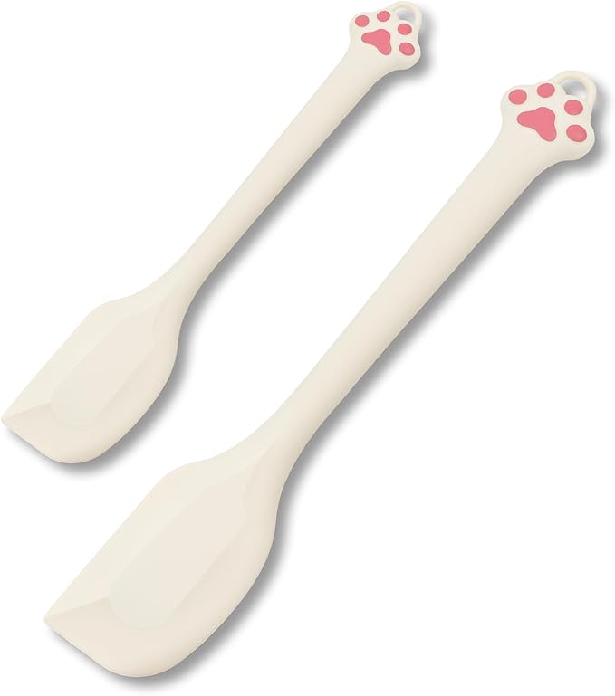 Cute Cat Paw Silicone Spatula Set - High Heat Resistant Rubber Scraper for Baking & Cooking, BPA-Free Non-Stick Kitchen Utensils, Adorable Cat Lover Gifts(2 Pack, 8.5" & 11" Mix, Cream)