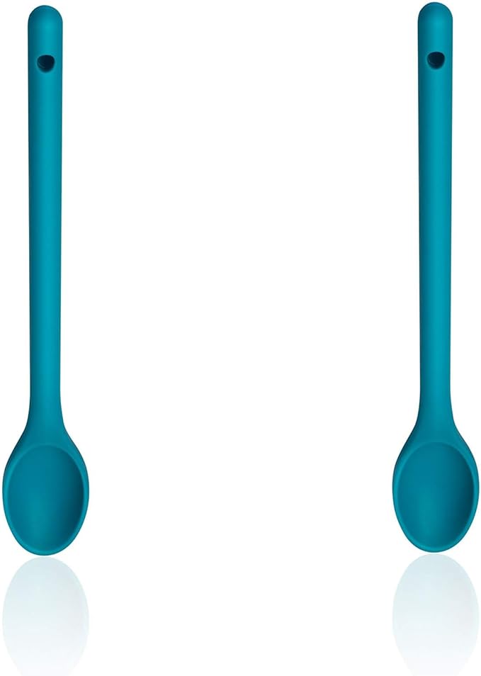 Silicone Stirring Spoons Set of 3, 12 Inch Long Handle, Nonstick Mixing Spoons, BPA Free, Nontoxic & Heat Resistant to 480F (2 in Greenish Blue)