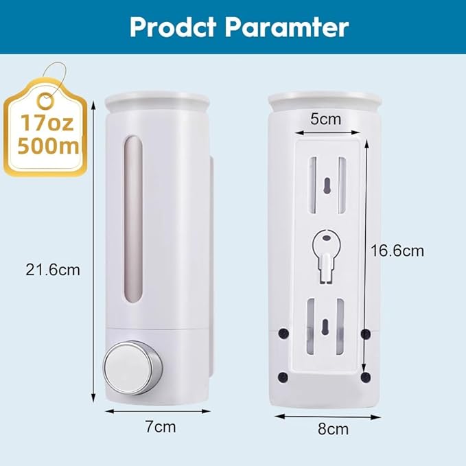 Soap Dispenser Wall Mount 17oz Drill Free ABS Hand Soap Shower Dispenser with Adhesive and Screws No Leakage Shampoo and Conditioner Dispenser Large Capacity for Bathroom Kitchen-White,1PACK