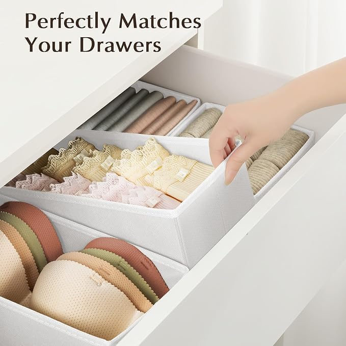 DIMJ Drawer Organizers Clothes, Set of 16 Dresser Organizer Bins, Fabric Closet Organizers and Storage, Shallow Drawer Dividers for Nursery, Clothing, Baby Clothes, Socks, Underwears, Tie (White)