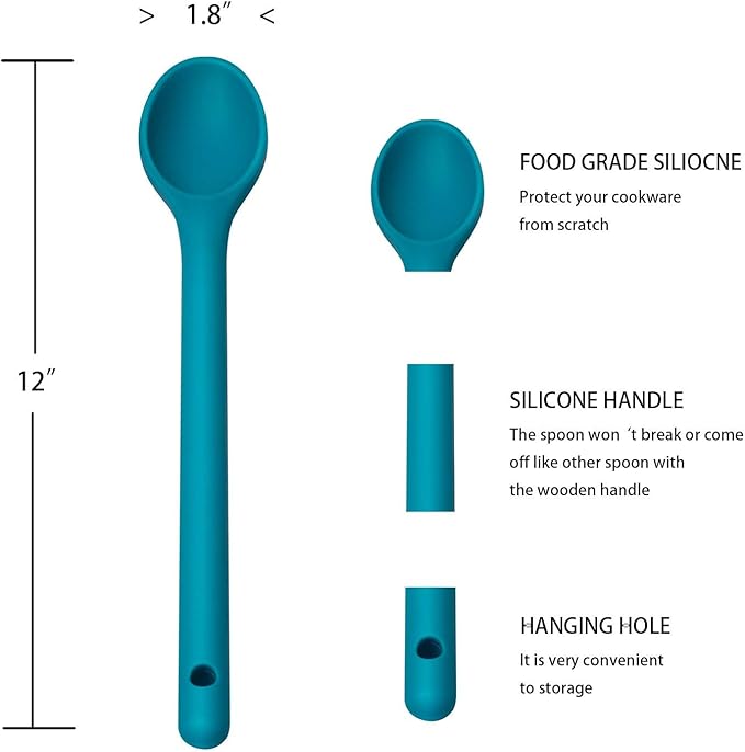 Silicone Stirring Spoons Set of 3, 12 Inch Long Handle, Nonstick Mixing Spoons, BPA Free, Nontoxic & Heat Resistant to 480F (2 in Greenish Blue)