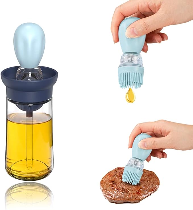 Glass Olive Oil Dispenser with Brush, 2 In 1 Silicone Dropper Measuring Oil Dispenser Bottle for Kitchen Cooking, Frying, Baking, BBQ Pancake, Air Fryer, Marinating (Blue)