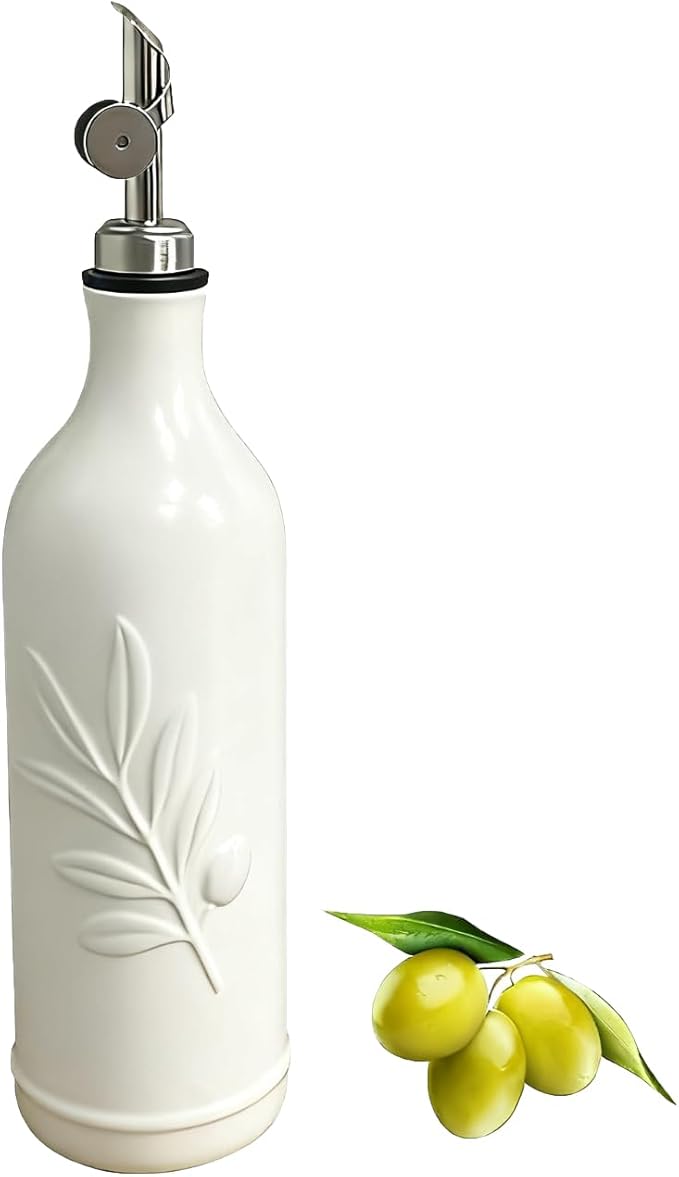20 Oz Ceramic Olive Oil Dispenser Bottle, with Stainless Steel Spout & Funnel, Ideal for Oil, Vinegar, Coffee Syrup & Liquids (White)