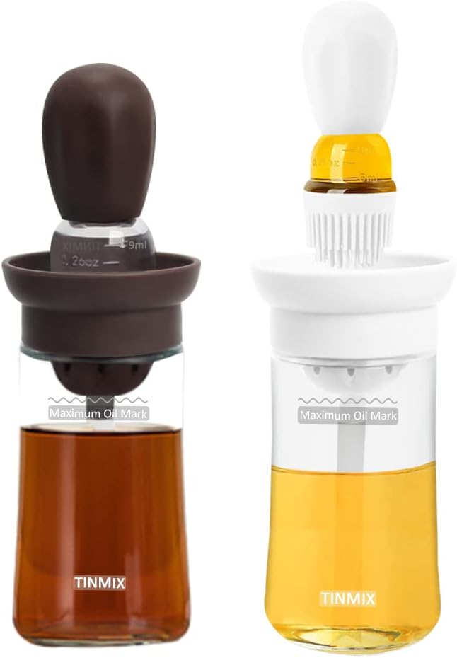 TINMIX 2 Pack Oil Dispenser with Brush - 2 IN 1 180ml Glass Olive Oil Dispenser Bottle with Basting Brush for Cooking Frying Kitchen, T-OB21S, Brown+White