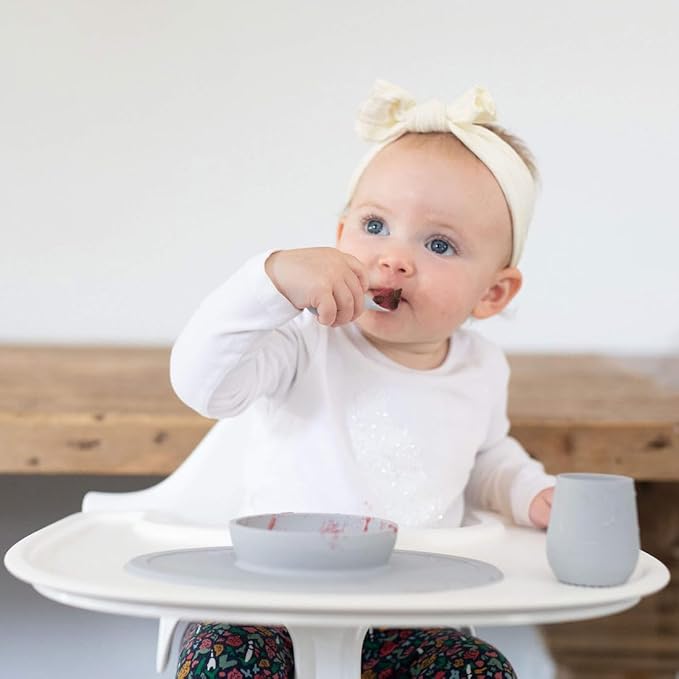 ezpz Tiny Spoon (2 Pack in Pewter) - 6 Months+ - 100% Silicone Spoon for Baby Led Weaning + Purees - Designed by a Pediatric Feeding Specialist - Shower Essentials & Gifts
