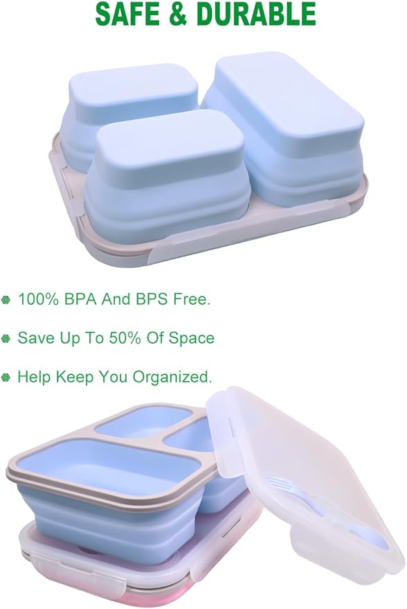 2 Pack Big Collapsible Silicone Bento Lunch Boxes With Lids spoons forks,3 Compartments, Divided Lunch Food Storage Containers, Safe in Microwave