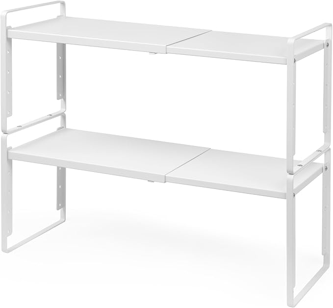 Nxconsu 2Pack Cabinet Shelf Organizer Expandable 5 Heights Adjustable Stackable Rack Riser for Kitchen Pantry Cupboard Under Sink Organization Storage Space Saver Heavy Duty Metal White