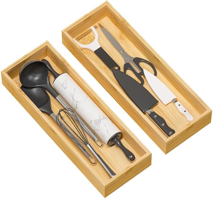 Kitchen Drawer Organizer Tray, Stackable Bamboo Deep Drawer Organizer for Large Silverware, Utensils, Cutlery, Flatware,Junk Drawer, Dresser, Bathroom