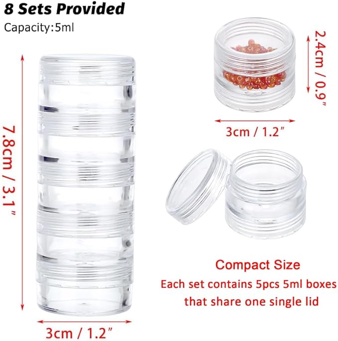 8 Sets 5 Layers Clear Plastic Round Storage Jars Jewelry Bead Storage Containers
