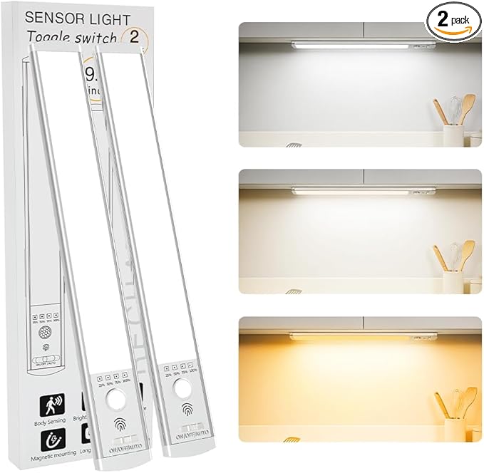 2-Pack Under Cabinet Lights, 1500mAh Rechargeable 52-LED Motion Sensor Light, 10-inch Wireless Magnetic Stick-On Closet Lights, Stepless Dimmable Night Light for Kitchen, Pantry, Wardrobe
