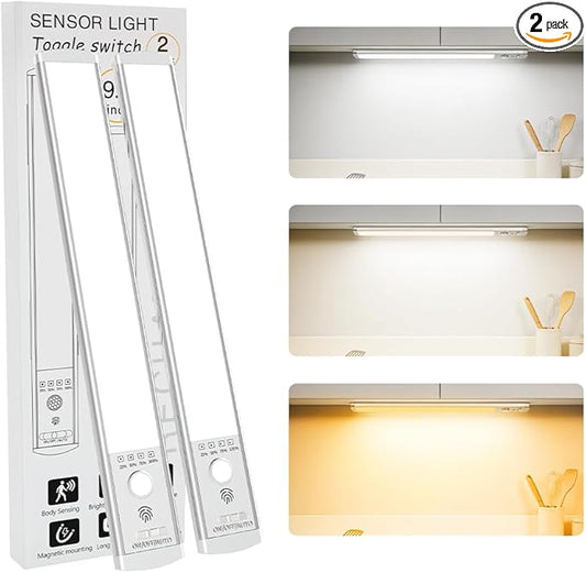 2-Pack Under Cabinet Lights, 1500mAh Rechargeable 52-LED Motion Sensor Light, 10-inch Wireless Magnetic Stick-On Closet Lights, Stepless Dimmable Night Light for Kitchen, Pantry, Wardrobe