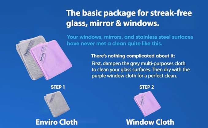 Korwεx Basic Package, Window Cleaning Cloth (Purple) and Enviro Cloth (Grey), Glass Cloth, Lints Streaks Scratches Free, Only Water, No Chemical Needed, (Purple 1 Pack, Grey 1 Pack)