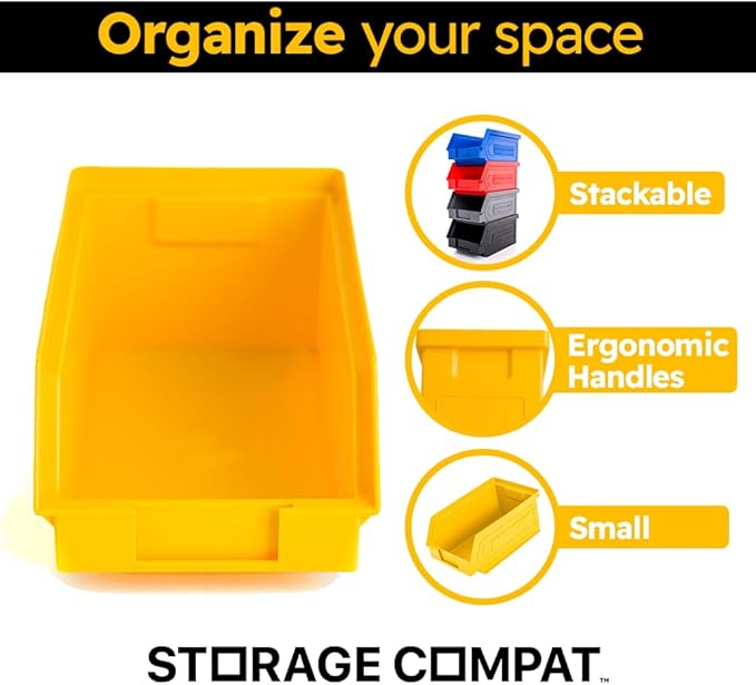 24 Pack Small Storage Bin, Wall Mount Storage, Hanging and Stacking Bin, Freestanding | 7” x 4” x 3” Plastic Container | Yellow | Zeus 1PLZ05