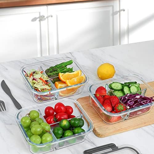 5 Pack,36 oz, 3 Compartments Glass Meal Prep Containers with Lids