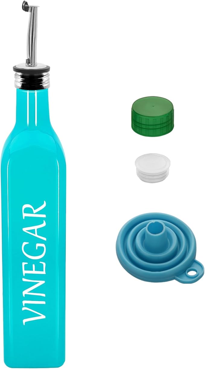 1 Pc 17oz Olive Dispenser Bottle,500ml Glass Oil and Vinegar Dispenser Set with 1 Stainless Steel Pourers,Funnel Bottles for Kitchen (Turquoise Vinegar)