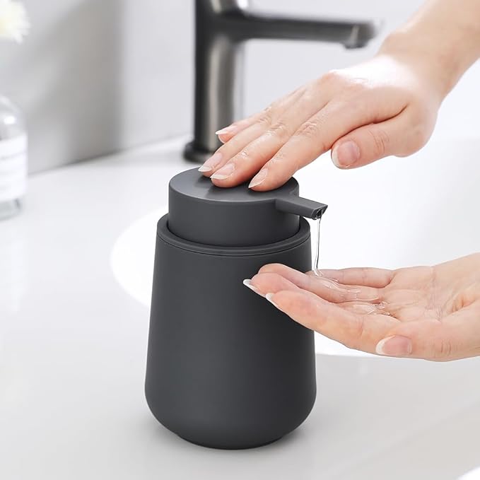YAUKPH Matte Gray Liquid Hand Soap Dispenser Plastic 11 oz - Modern Minimalist Style for Bathroom & Kitchen Countertop Refillable