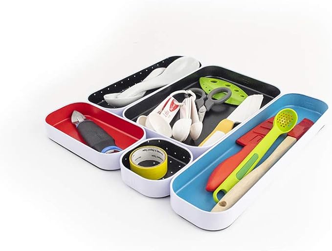 Three by Three Seattle 5 Piece Metal Organizer Tray Set for Storing Makeup, Stationery, Utensils, and More in Office Desk