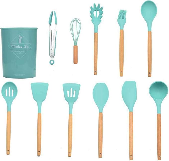 17PCS Silicone Utensils Set with Wooden Handle Heat Resistant Cookware Utensils Kit Easy To Clean Kitchenware Kitchen Tools for Non-Stick Cookware - Drak Green