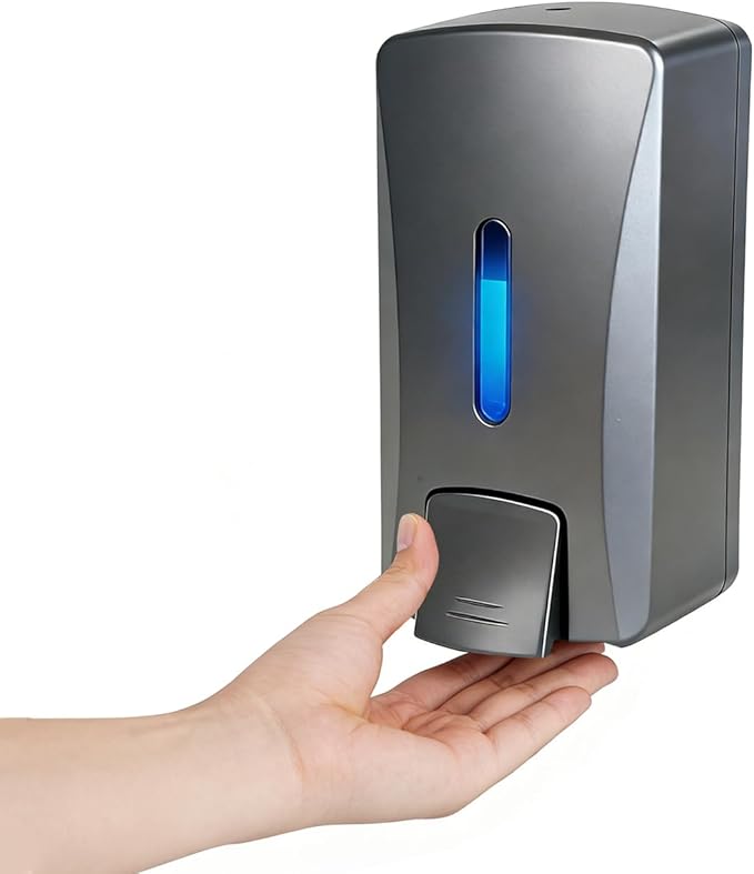 Hand Soap Dispenser 33.8oz Wall Mount, Commercial Grade No Drip Gray Soap Dispenser for Kitchen, Bathroom,Liquid Soap,Hand Sanitizer, Drill or Adhesive Mount, with Visible Window