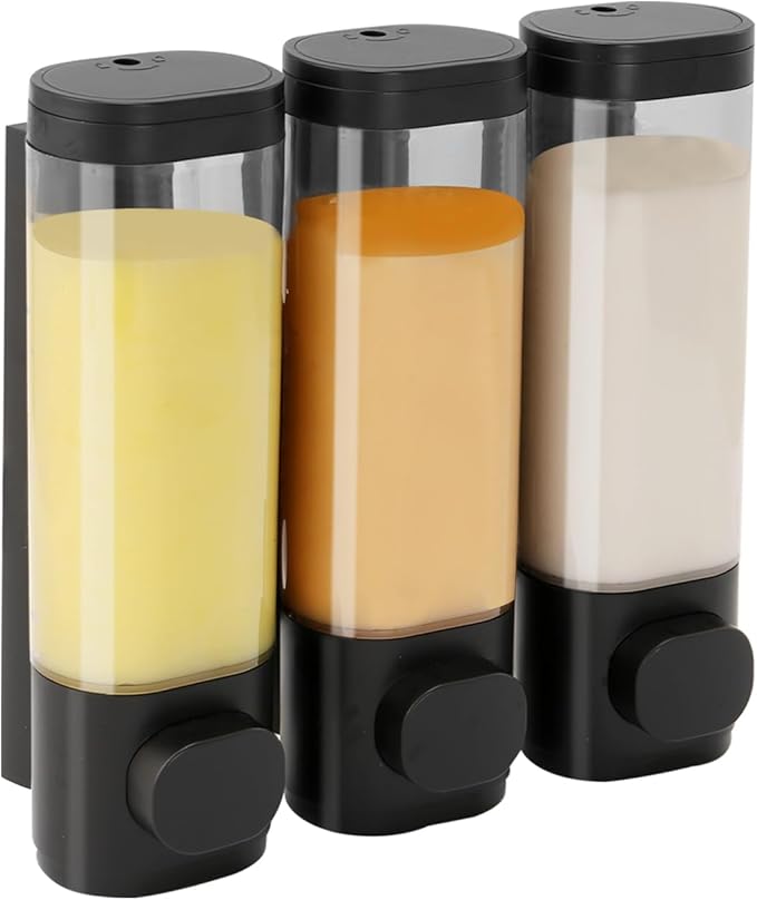 Shower Soap Dispenser Wall Mounted Shampoo and Conditioner Dispenser No Drill 3 Chamber Large Capacity for Bathroom Hotel, Black