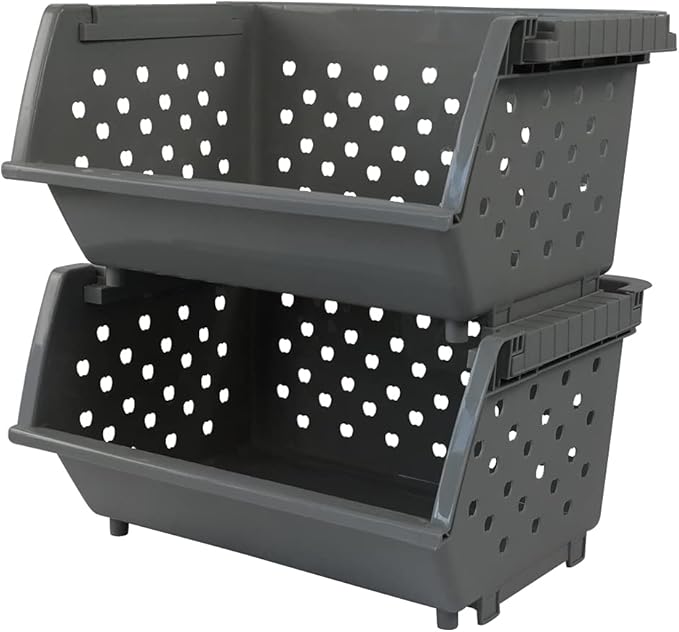 Begale 3-Pack Gray Plastic Stackable Detachable Storage Bin, Organizer Stacking Basket