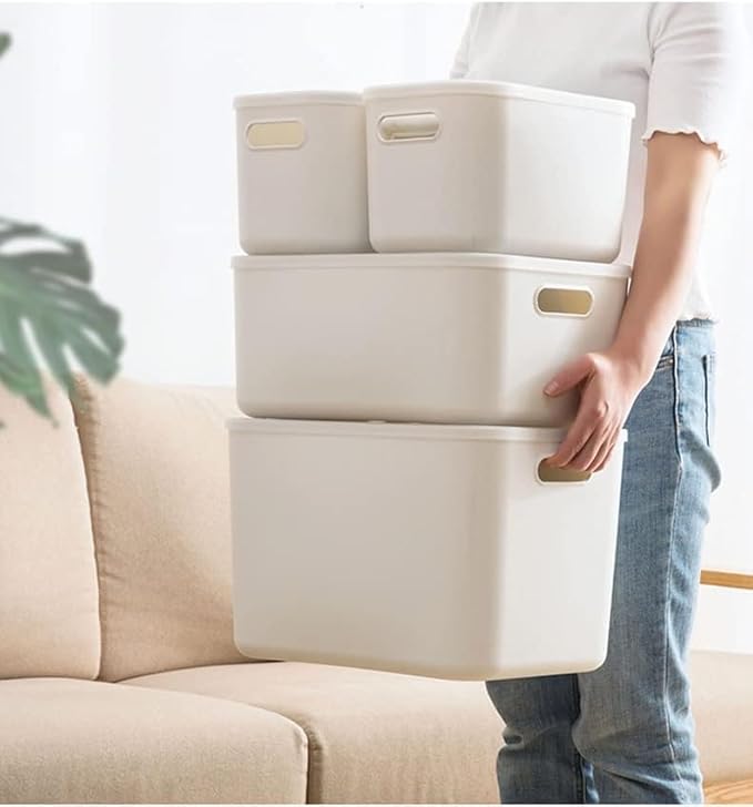 4 Piece Plastic Storage Baskets Boxes with Lids,11.8x8x9.8 Inch Stackable Organizing Bins with Handles,White Versatile Containers for Pantry,Bathroom,Closet Shelves Desktop (White, 4XL)