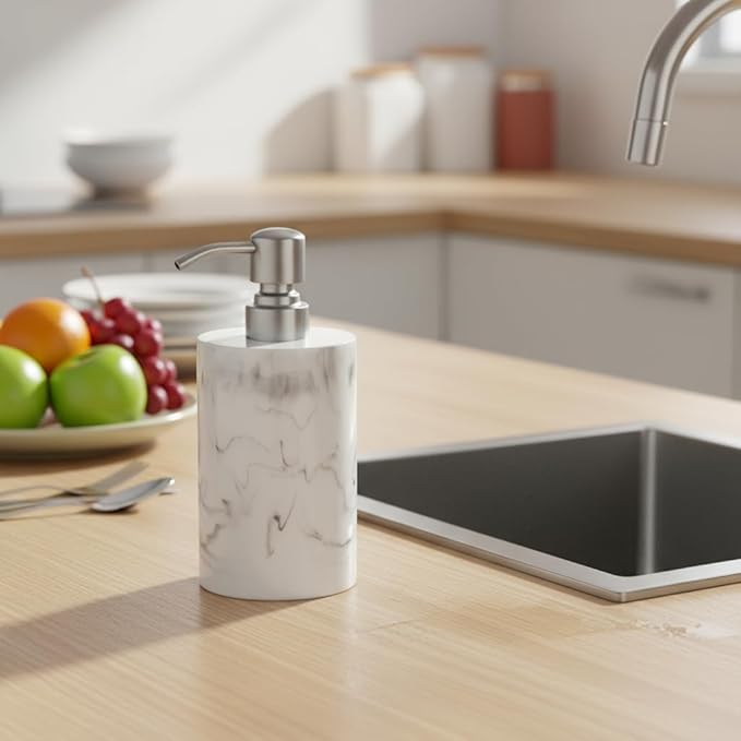 Hand Soap Dispenser White Marble for Bathroom Kitchen, 13.5oz Resin Bottle with Brushed Nickel Stainless Steel Pump, Cylindrical Bottle Countertop - for Liquid Soap, Lotion and Dish Soap
