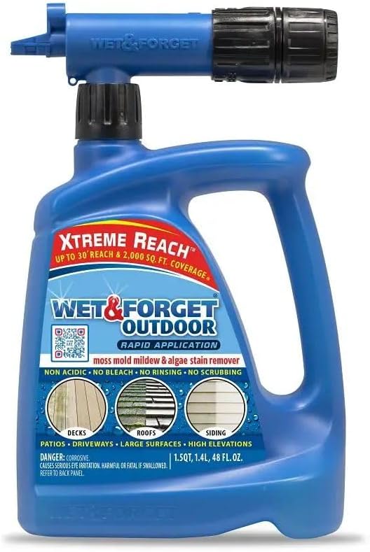 Wet & Forget Outdoor Moss, Mold, Mildew, & Algae Stain Remover Multi-Surface Cleaner, Xtreme Reach Hose End with New & Improved Nozzle