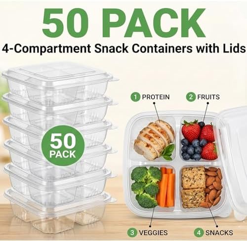 50 Pcs Snack Containers, 4 Compartment Bento Box with Lids, Plastic Food Storage Containers for Work Travel Camping(Clear)