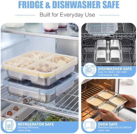 4 Pack Stainless Steel Snack containers, Leak-Proof, 4 Compartments, 3 Cups